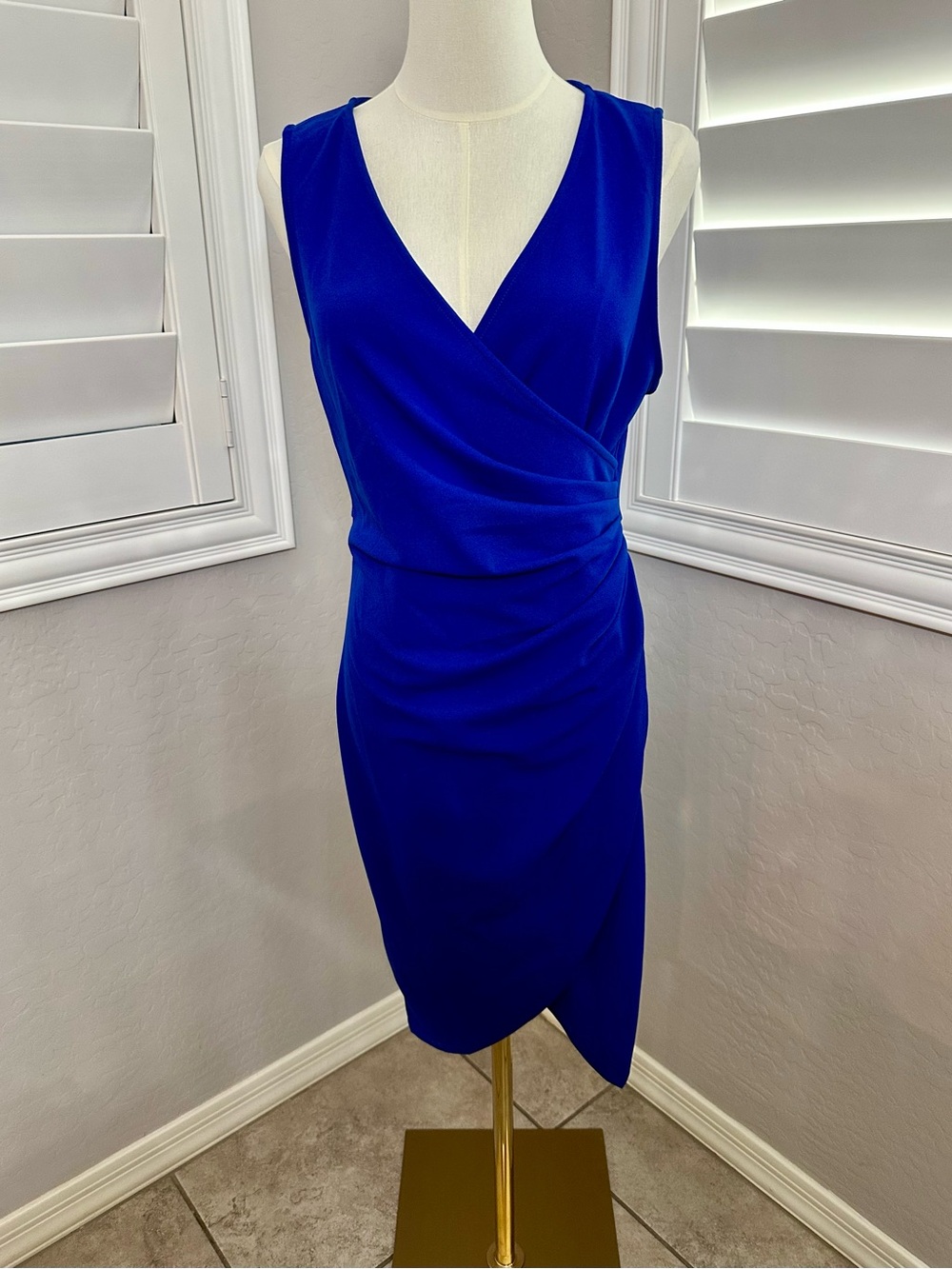 Cocktail Dress. Sleeveless Cobalt Wrap-Front Sheath Dress - Picture 2 of 4